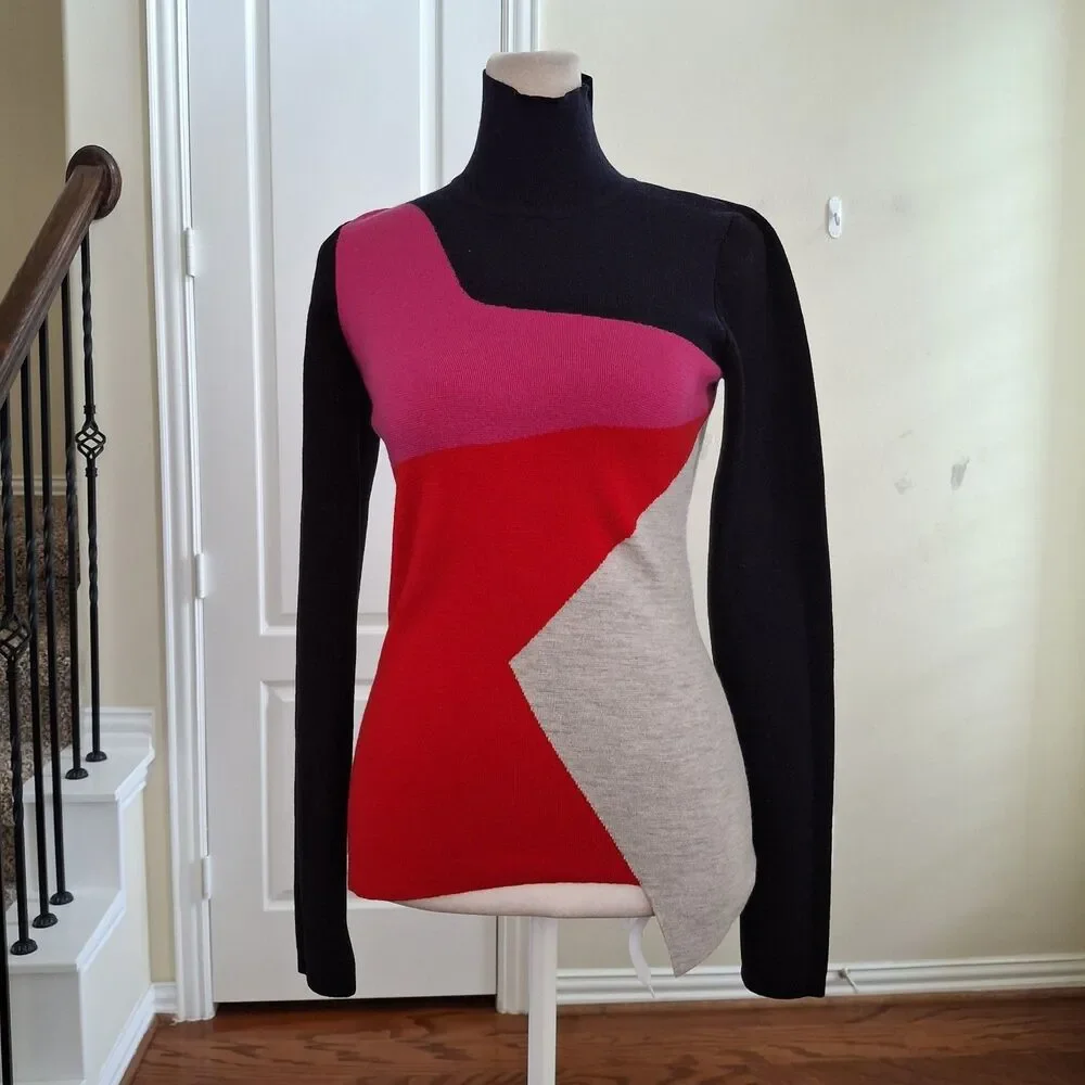 Diane von Furstenberg Colorblock Turtleneck Knit Sweater Women XS Fit Asymmetric
